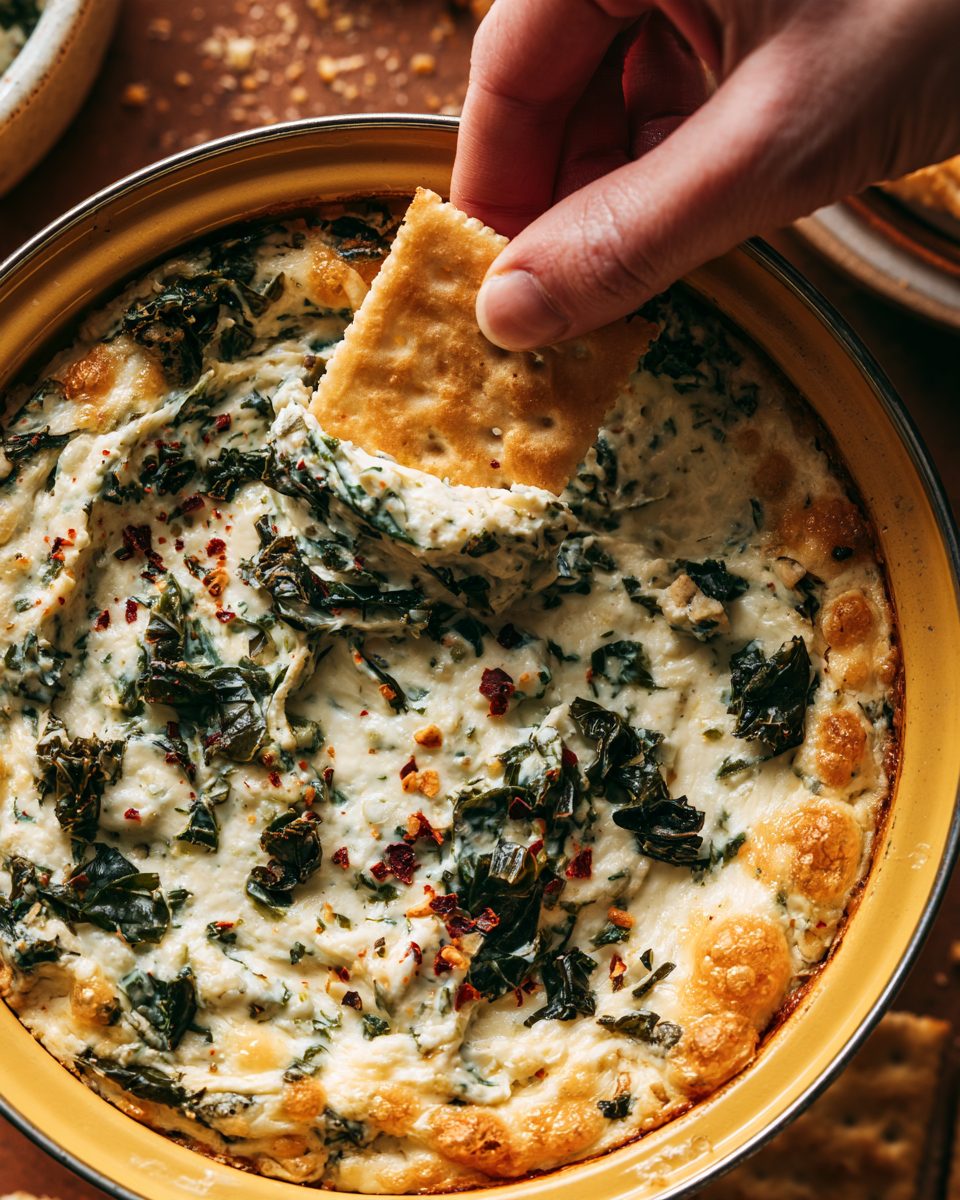 A cracker dipped into warm collard green dip