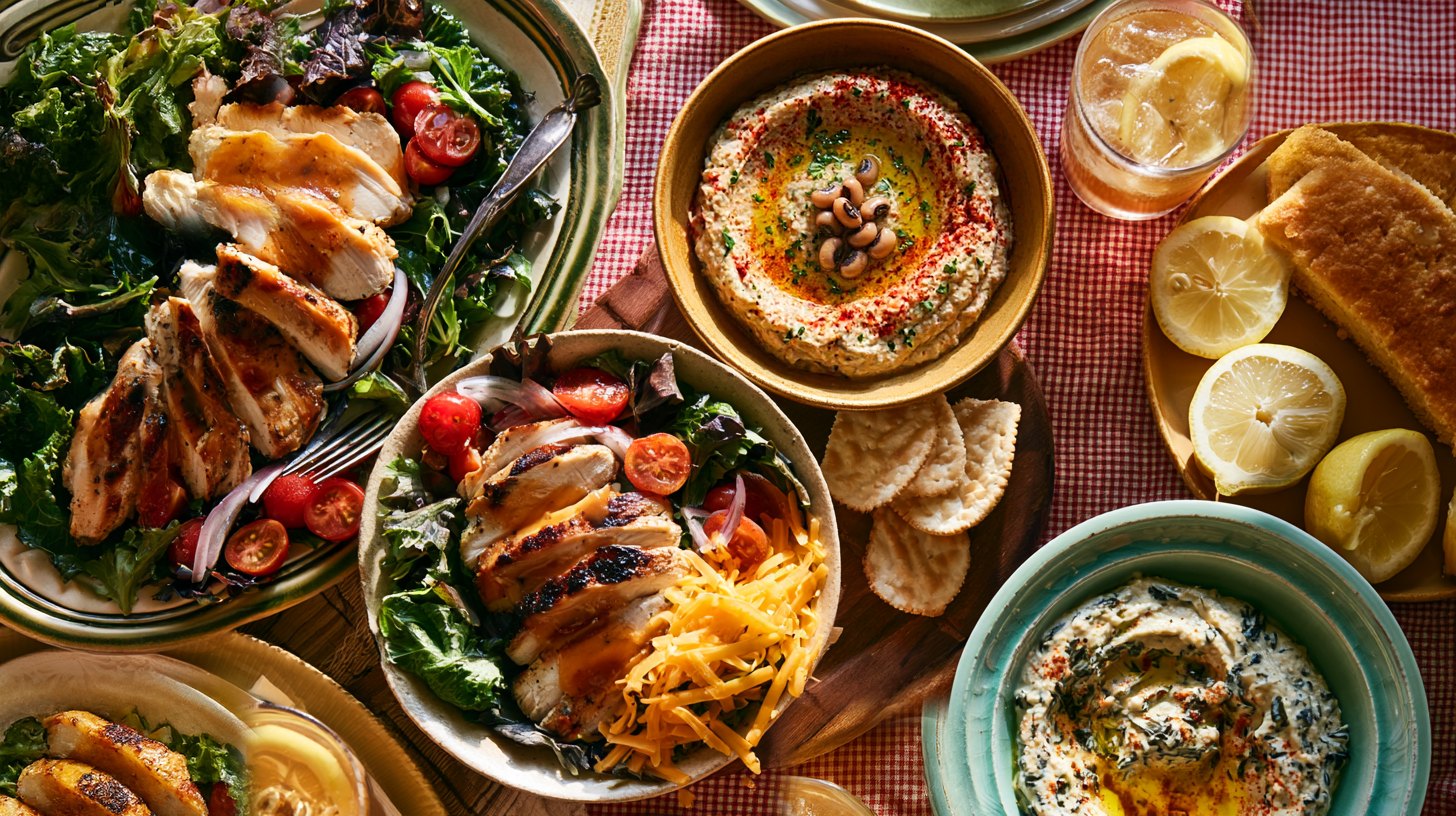 A Southern supper table seen from above: chicken salad with honey lemon pepper dressing, Grandma's collard green dip, black-eyed pea hummus and cornbread