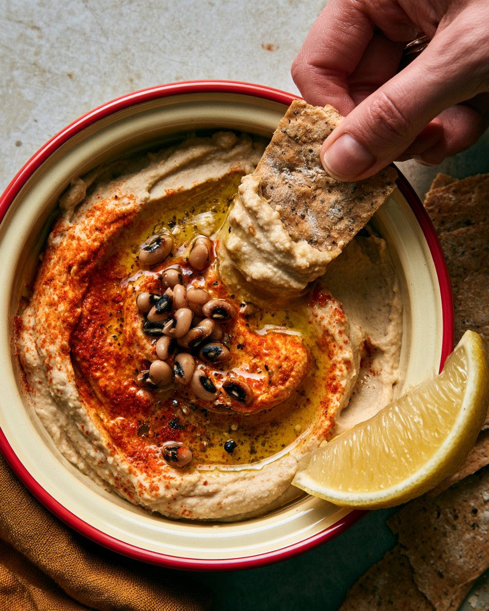 A cracker scooping black-eyed pea hummus